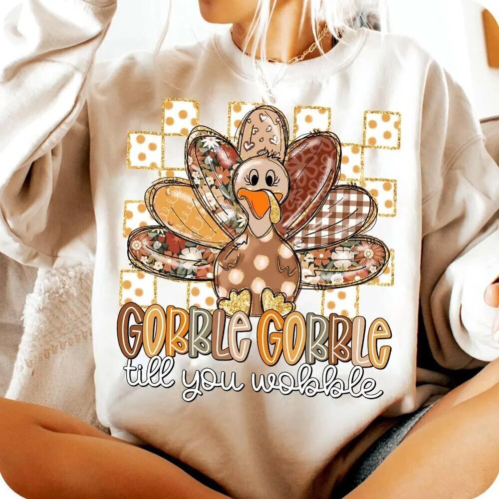 Thanksgiving Gobble Till You Wobble Shirt, Turkey Fall Tee with Faux Glitter